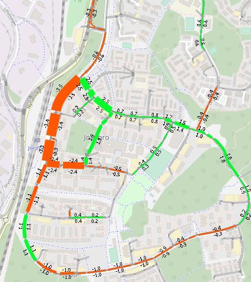 PM Trafikanalys, Jordbro 2017-08-08 19 (21) Trafikmängder vardagsdygn (1000-tal fordon per riktning) skillnad i alternativ D jämfört med 0-alternativ