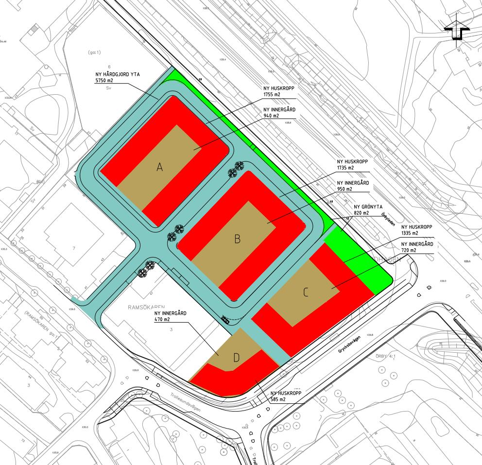 Figur 6. Framtida markanvändning. I tabell 3 återfinns resultat av areaberäkningar. Den reducerade arean ökar till 1,14 ha med en viktad avrinningskoefficient för området om 0,76.