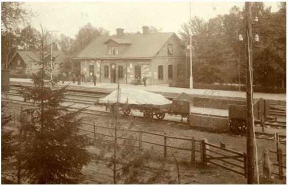 Bild 4.32 Fotot till vänster är tagen från sydväst och visar den gamla stationsmiljön med stationsbyggnaden som idag är riven. Jänvägen gjorde samhället till en mindre centralort för bygden.