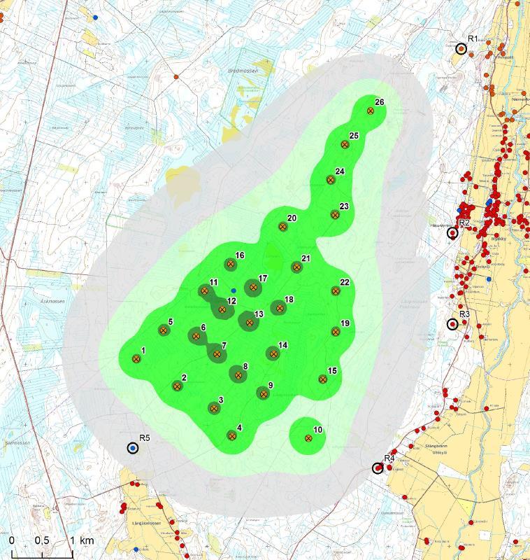 1-21 För närmare information, se bilaga bullerutredning. Bild 13. Bullersimuleringen påvisar att inga bostäder är innanför gränsen 40 db, avståndet till närmsta bostad är ca 1,5km. Ramboll Finland Oy.