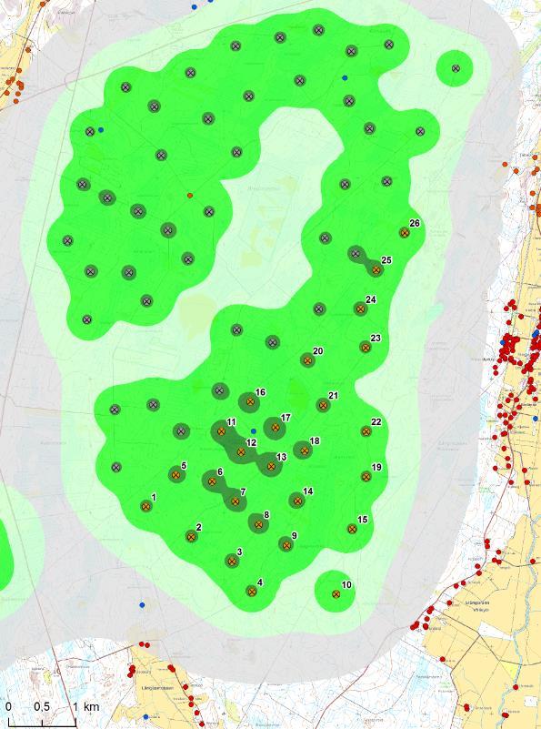 1-34 Bild 26. Bullersimulering - Kristinestad Norr (numrerade vkv), Pjelax-Böle, Svalskulla. Inga bostäder inom 40dB-området, betydande samverkan uppstår inte.