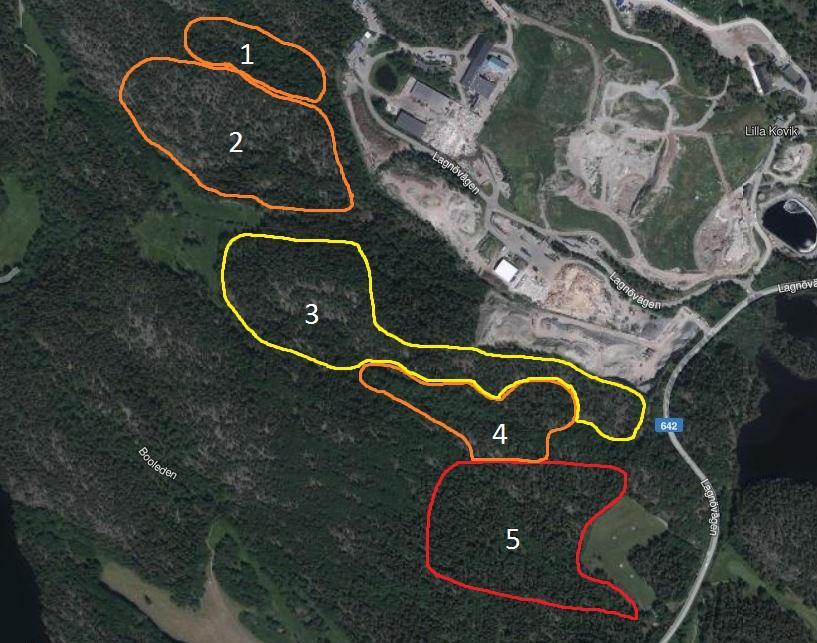 3.2 BESKRIVNING AV DELOMRÅDEN Figur 2. Avgränsning av fem delområden som naturvärdesklassats inom inventeringsområdet.