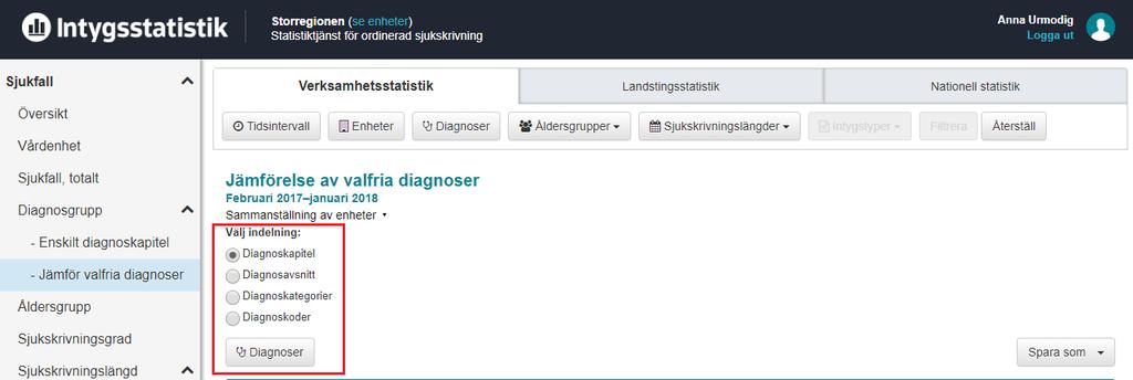 Diagnoser kan sökas fram genom att klicka i trädstrukturen, alternativt söka efter dem i sökrutan.