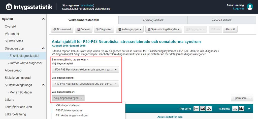 Figur 3. Välj diagnoskapitel, -avsnitt eller -kategori i rullgardinsmenyn.