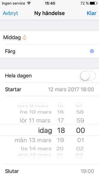 8.6 Skapa en påminnelse/påminnelse På samtliga vyer så lägger man till en påminnelse/händelse genom att trycka på det blå krysset längst ned till höger på skärmen Vill du skapa en