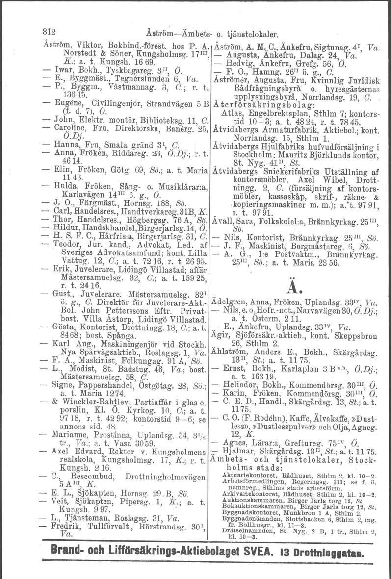 812 Å8trö~-.Ämbets- o. tjänstelokaler. Åström, Viktor, Bokbind.-förest. hos P. A. Åström, A. M,.C., Änkefru, Sigtunag, 41, Va. Norstedt & Söner, Kungsholmsg. 17 1II, - Augusta,..Ankefru, Dalag. 24,.