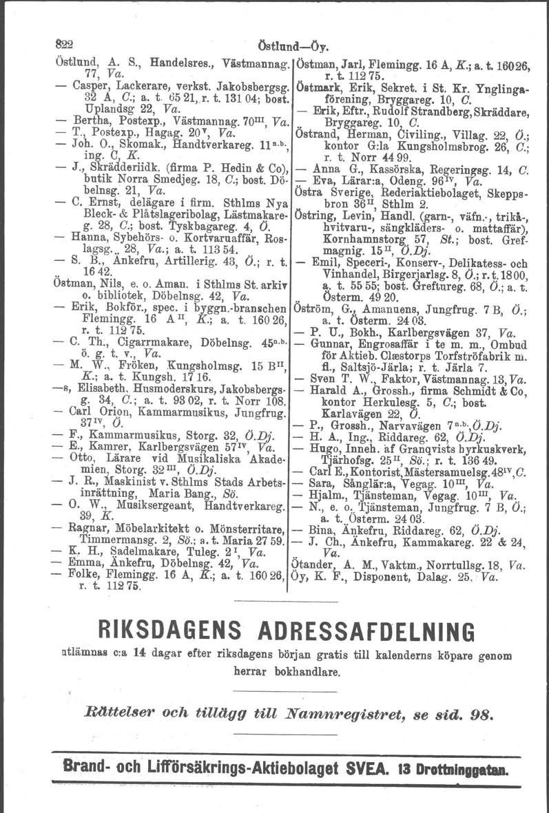 822 ÖStlund-Oy. Östlund, A. S., Handelsres., Västmannag. Östman, Jarl, Flemingg. 16 A, K.; a. t. 16026, 77, Va. r. t. 11275. - Casper, Lackerare, verkst, Jakobsbergsg. Öatma.rk, Erik, Sekret. i St.