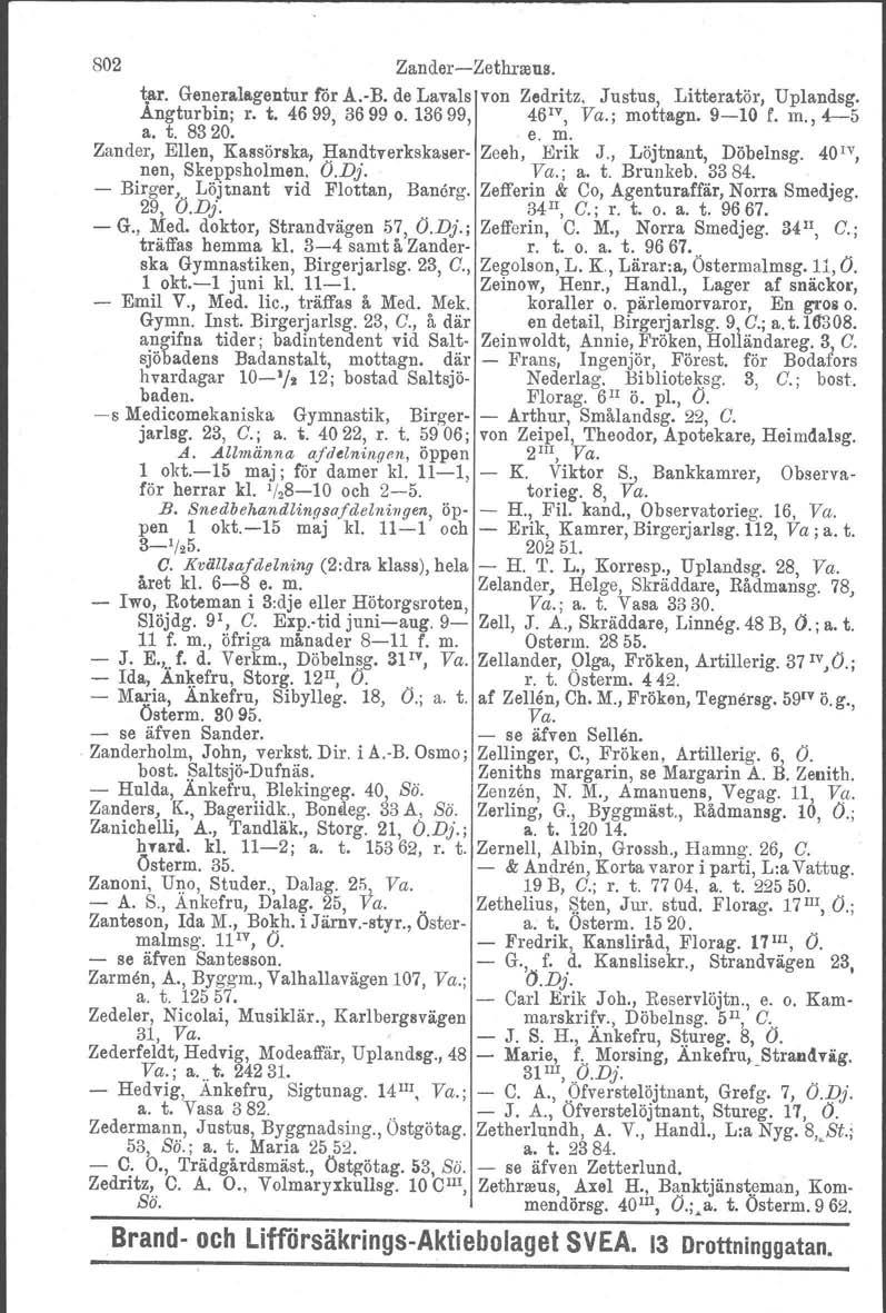 802 Zander-Zethrreus. tar. Generalagentur rör A.-B. de Lavals von Zedritz, Justus, Litteratör, Uplandsg. Ångturbin; r. t. 4699, 3699 0.13699, 46 IV, Va.; mo