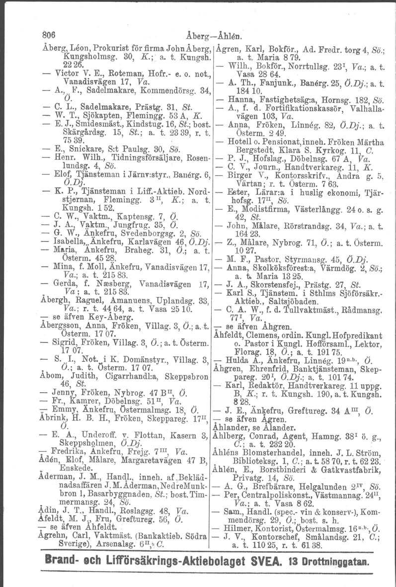 806 Aberg-Ahlen. Äberg, Leon, Prokurist för firma John Äberg, Agren, Karl, Bokför., Ad. Fredr. torg 4, Sö.; Kungsholmsg. 30, K.; a. t. Kungsh. a. t. Maria 879. 2226. - Wilh., Bokför., Norrtullsg.