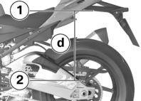 För att minska nedfjädringen (ökning av fjäderförspänningen) ska inställningsskruven 3 skruvas i riktning B med hjälp av motorcykelns verktygssats.