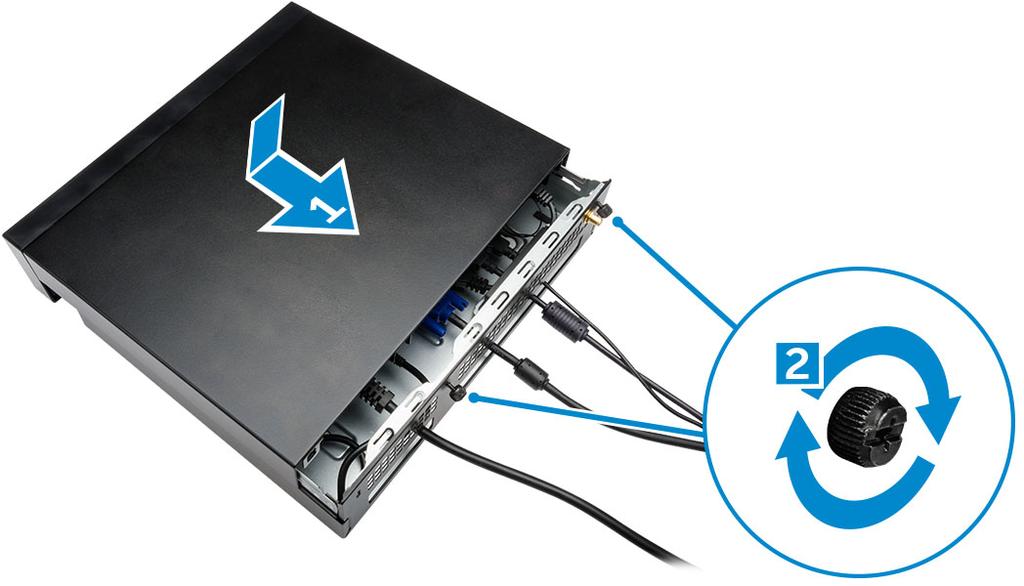 Installera allt-i-ett-fästet bakom bildskärmen för Dell OptiPlex Micro Rekommenderade skruvar: Skruvtyp M4 X L8 mm, stigning 0,7 mm, självgängande skruv Används med PUZ-platta utan