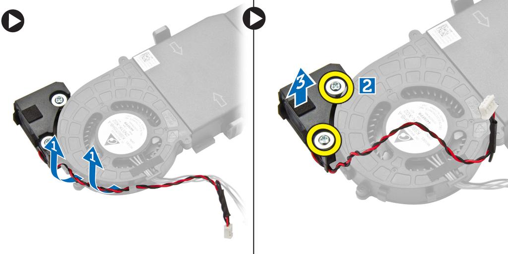 Installera processorfläktmodulen 1. Anslut högtalarkabeln och fläktkabeln till kontakterna på moderkortet. 2. Placera processorfläktmodulen på facket och skjut in den tills den sitter fast. 3.