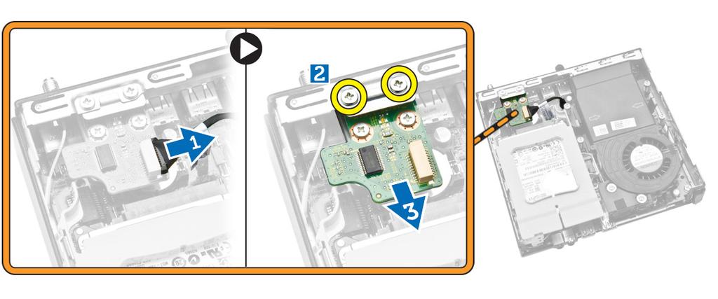 Följ anvisningarna i Innan du arbetar inuti datorn. 2. Ta bort kåpan. 3. Utför följande steg som visas i illustrationen: a.