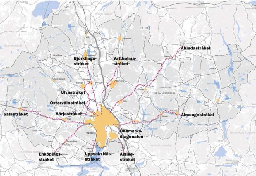 9 (27) Regional cykling För att öka den regionala cyklingen i kommunen, bör alla tätorter inom ett rimligt cykelavstånd från Uppsala tätort kopplas samman.