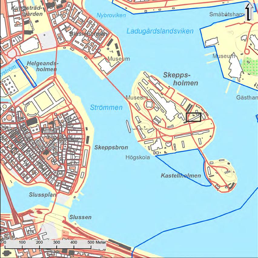 Laddat på Skeppsholmen Figur 2. Fastighetskarta med undersökningsplatsen markerad. Skala 1:10 000.