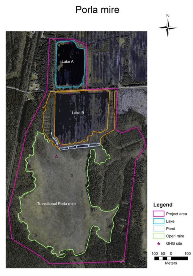 Figure 16. Porlaområdena A1, B och lågstarrkärret (open mire) med lagunerna söder om B- området. Lantmäteriet (ortophoto order of 24/05-2010).