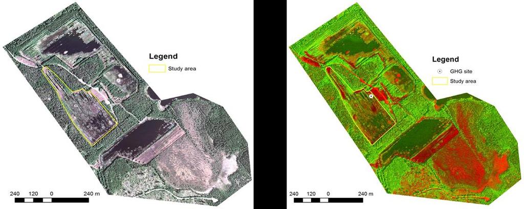 Figur 19. Underlaget till GIS-analysen av Toftmossens vegetation och delområden var ortofoton från 2013. Lantmäteriverket genomförde flygfotografering 2010 med flyghöjd 4800 m (karta till vänster).