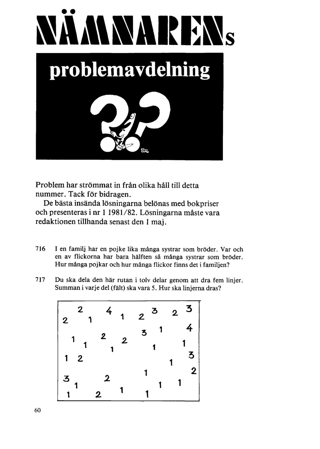 NÄMNAREN problemavdelning Problem har strömmat in från olika håll till detta nummer. Tack för bidragen. De bästa insända lösningarna belönas med bokpriser och presenteras i nr 1 1981/82.