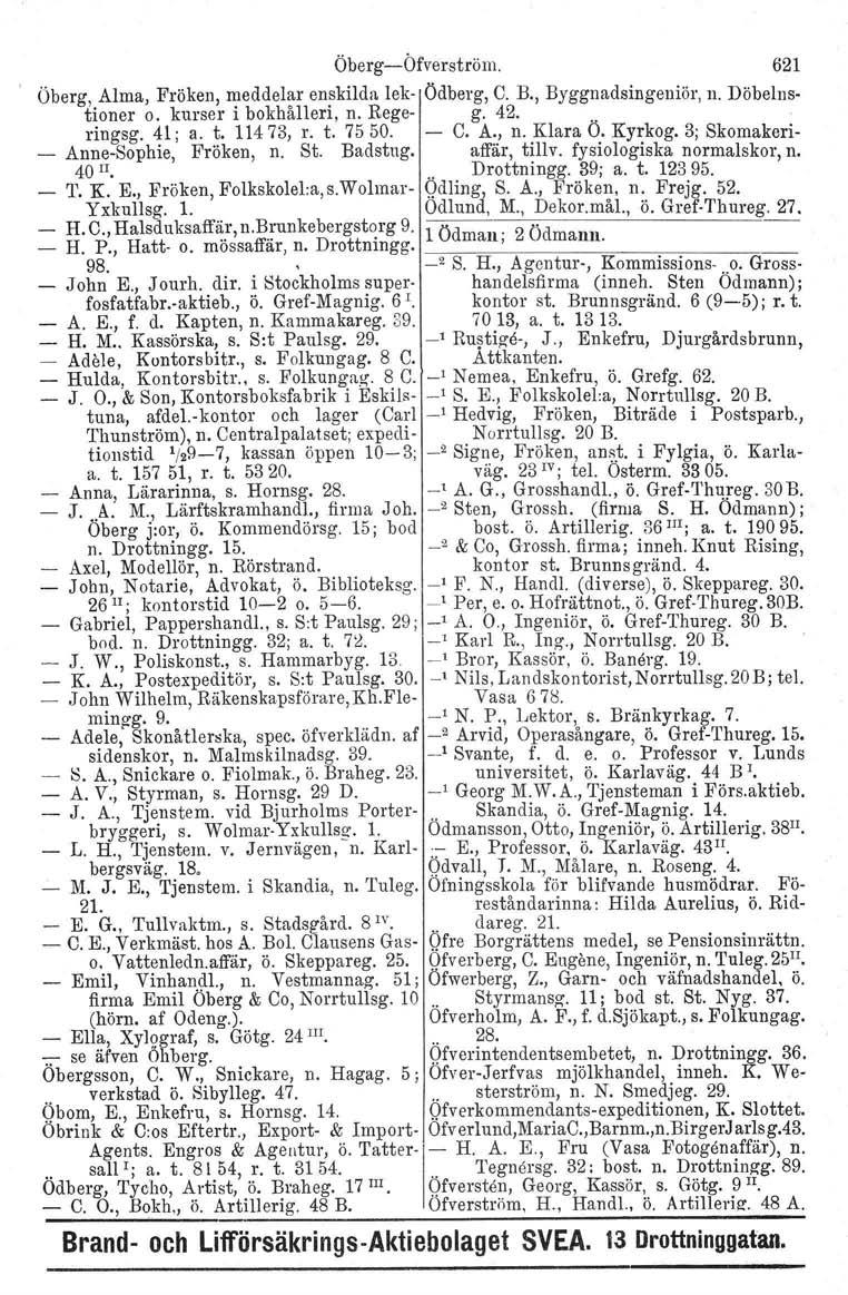 Öberg-åfverström. 621 Öberg, Alma, Fröken, meddelar enskilda lek- Ödberg, C. B., Byggnadsingeniör, n. Döbelnstioner o. kurser i bokhålleri, n. Rege- g. 42... ringsg. 41; a. t. 11473, r. t. 7550. - C.