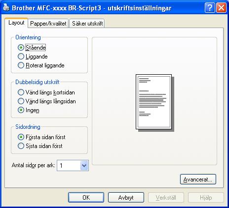 Utskrift Funktioner för BR-Script3-skrivardrivrutin (PostScript 3 -språkemulering) 2 De skärmbilder som visas i det här kapitlet är hämtade från Windows XP.