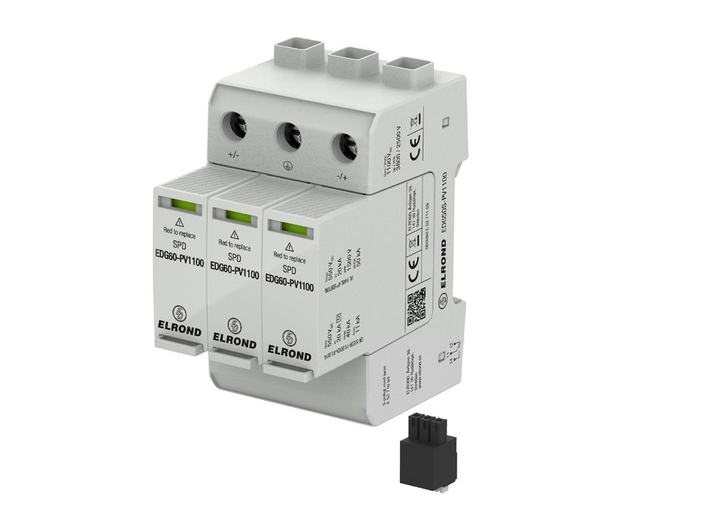 Grov-/mellanskydd EDG60 PV Grov-mellanskydd för att skydda solcellsutrustning, på upp till 1100VDC resp 1500VDC, mot överspänningar genererade av blixtnedslag eller industriell omgivning.
