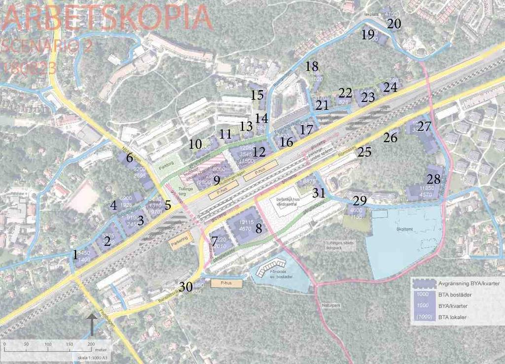 Figur 11. Kvartersindelning nr 1 31, enligt programskissen. Areaindelningen för bostäder, handelslokaler och garage är i detta skede grova.