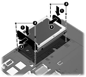 Installera en hårddisk 1. Sätt i hårddisken i hårddiskplatsen (1). 2. Dra hårddiskens flik (2) åt vänster så att hårddisken knäpps på plats. 3. Skruva tillbaka de fyra hårddiskskruvarna (3). 4.