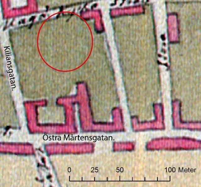 Figur 3. Detalj ur Espmans Charta Öfver Staden Lund från år 1783. Den röda cirkeln markerar det ungefärliga läget för dagens Kv.
