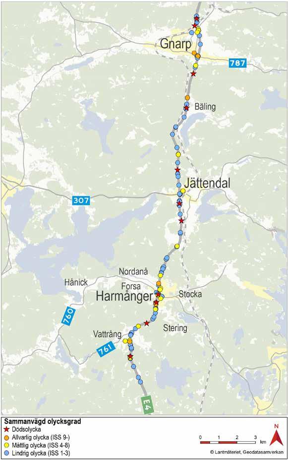 4.2.2 Olyckor Enligt Transportstyrelsens olycksdatabas STRADA (Swedish Traffic Accident Data Acquisition) där olyckor med personskador registreras, har 134 stycken olyckor rapporterats på sträckan