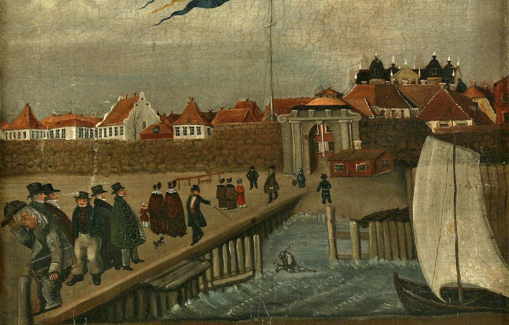 Kavaljeren och Lilla torget Målning föreställande Kavaljersporten och Skeppsbron år 1840, utförd av Sven Gustaf Lindblom. Målningen finns i Kalmar länsmuseums samlingar. Foto: Kalmar läns museum.