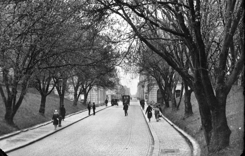 Vallarna Olof Palmes gata ca 1930-tal. Foto: Kalmar kommun. När befästningsverken inte längre skulle försvara staden revs mycket av dem ner. Men en del gjorde man också park av.