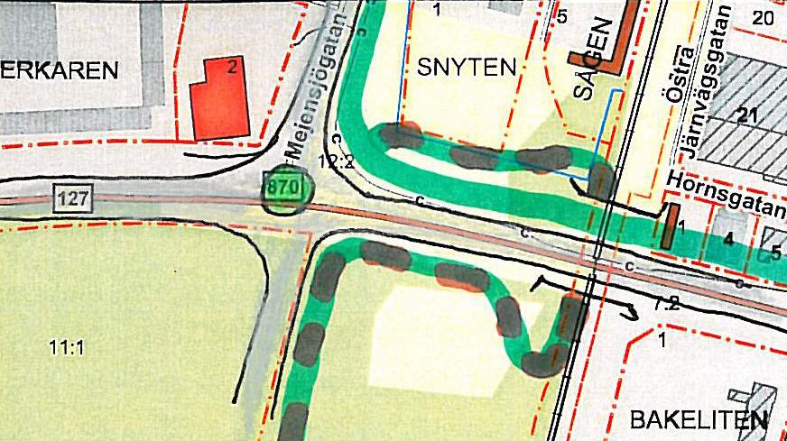 Cykelvägnät Utmed genomfartsvägen bör det finnas en separat GC-väg.