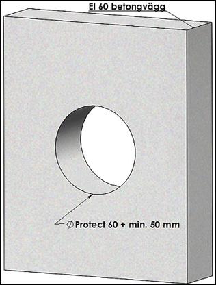 MONTERING I BETONG VÄGG/GOLV - PROTECT 60-2 OBS! Innan montering av Protect 60-2 bör man säkerställa funktionen av brandspjället ABC-SC+60. (Se sidan 7.) Steg 1: Märk ut ett hål som är min.