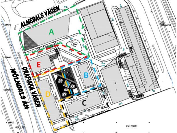 4 (12) 1.2 Områdesbeskrivning I Kvarteret Tändstickan planeras totalt fem nya byggnader, byggnader som planeras är kontorsoch bostadshus.