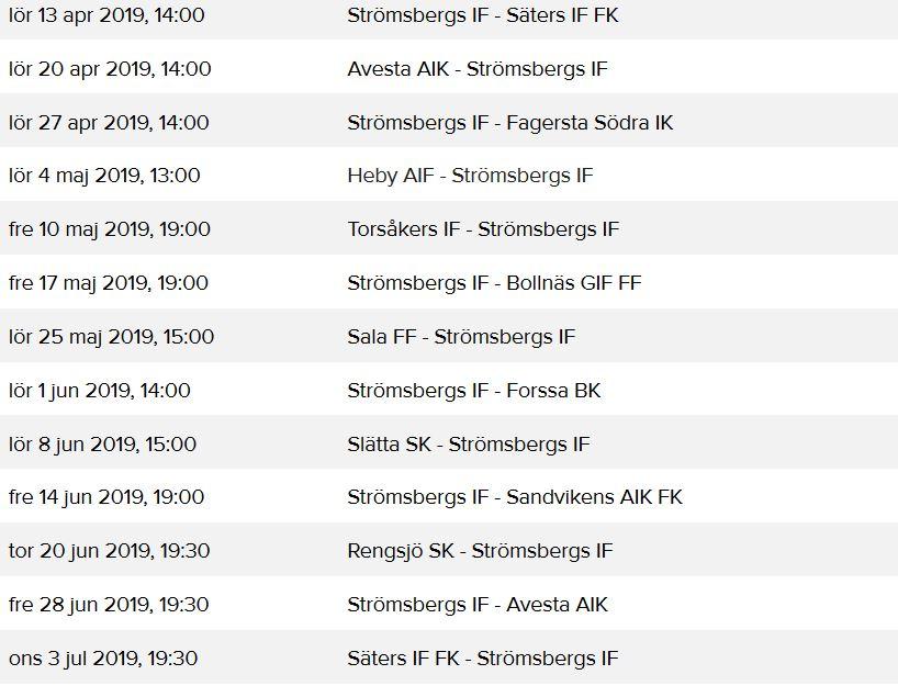 Strömsbergs IF:s s seniorlags seriematcher vårsäsongen 2019 A-laget (Division 3 Södra Norrland) B-laget (Division 8 Uppland Norra) Hemmamatcherna spelas på