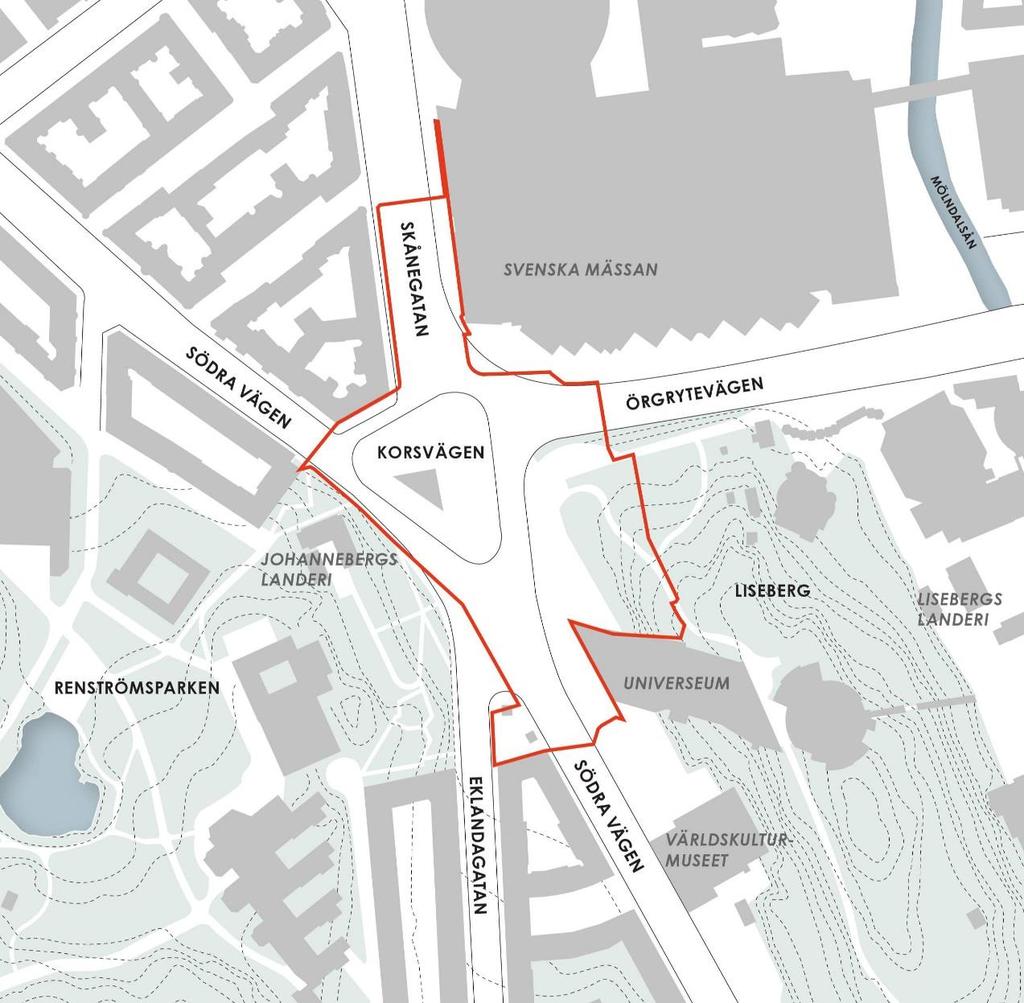 Läge, areal och markägoförhållanden Orienteringskarta över planområdet och dess omgivningar. På Korsvägen sammanstrålar Södra Vägen, Skånegatan, Örgrytevägen och Eklandagatan.