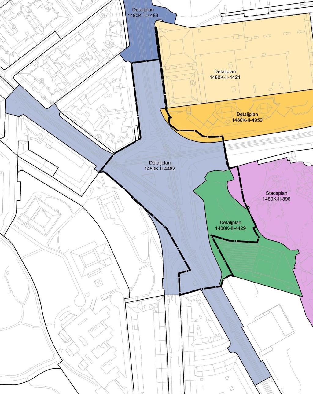 Kartan visar gällande detaljplaner som påverkas av föreslagen detaljplan för Korsvägen.