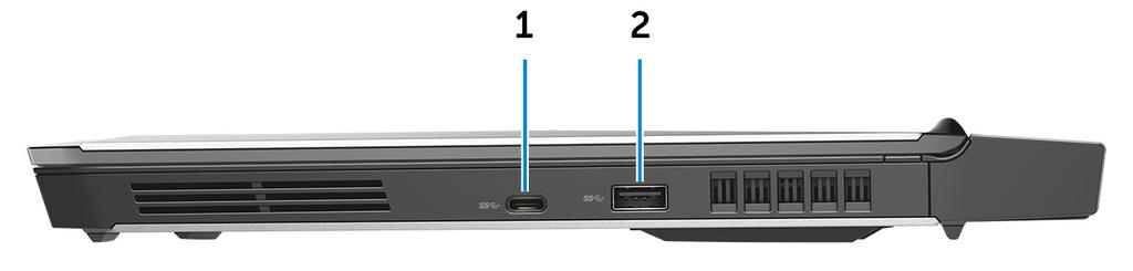 Vänster 1 Säkerhetskabeluttag (för Noble-lås) Här kan en säkerhetskabel anslutas för att förhindra att obehöriga flyttar datorn. 2 USB 3.