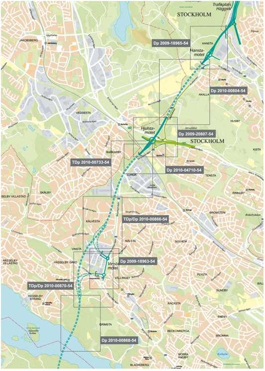 Kartillustration: Detaljplaner Förbifart Stockholm genom Stockholms norra del.