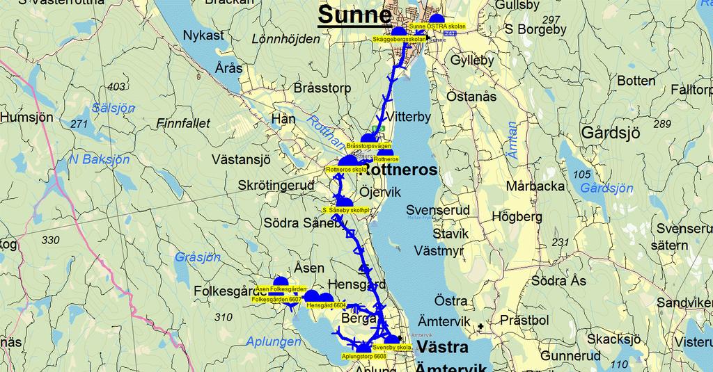 2015-08-18 11:37:21 Karta för Tur TI6802 Entreprenör Kils busstrafik Fordon 6601 Skolbuss 8 Sunne TI6802 13.50 14.