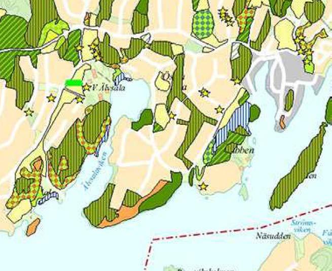 Figur 4. Naturtypr i områdt: Kartan åskådliggör placring och utbrdning av d olika naturtyprna samt ungfärlig växtplats för många av d stora trädn, främst kar, i områdt.