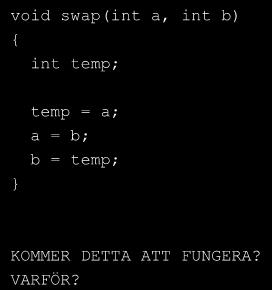 FUNKTIONEN swap() int a, b; a = 5; b = 7; swap(a, b); /* Byt värde */ printf( a=%d, b=%d\n,