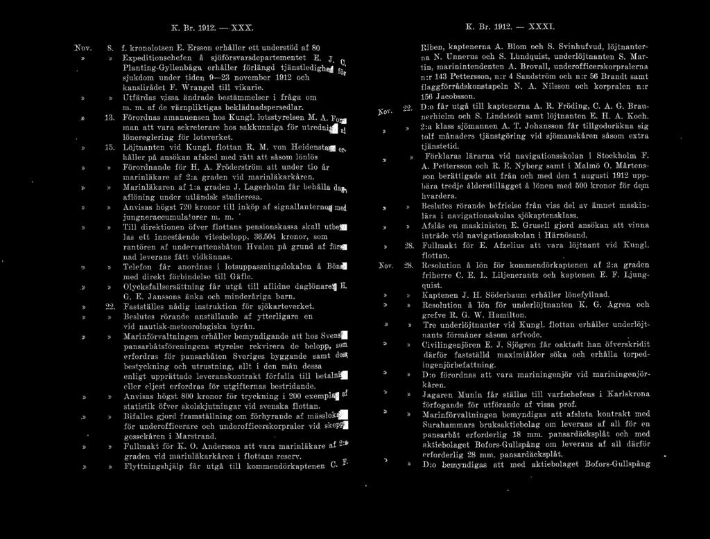 K. Br. 1912'.- XXX. K. Br. :19:12. - XXXI. 8..» J 3. J.J. f. l;ronolotsen E. Ersson erhåller ett understöd af 80 kran. Expeditionschefen å sjöförs\'arsdopartcmcntot E. J. 0 ~ Planting-G y llcn båg a e rhållcr f ö rlän.