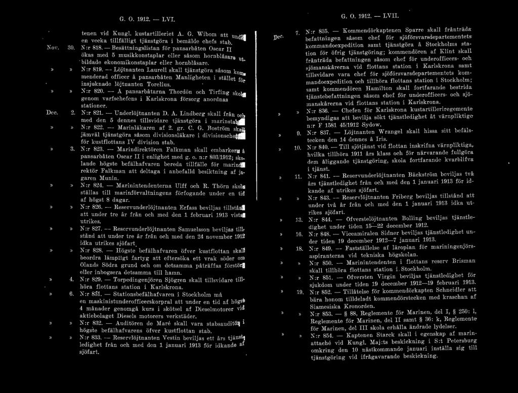 G. O. 1912.- LVI. G. O. 191.2. - LVII. KoY. Dec. 30. ') 3. tenen vid Kungl. kustartilleriet A. G. Wihom att e_n vecka t illfälligt tjänstgör a i bemälde chds stal Under ::\:r 818.