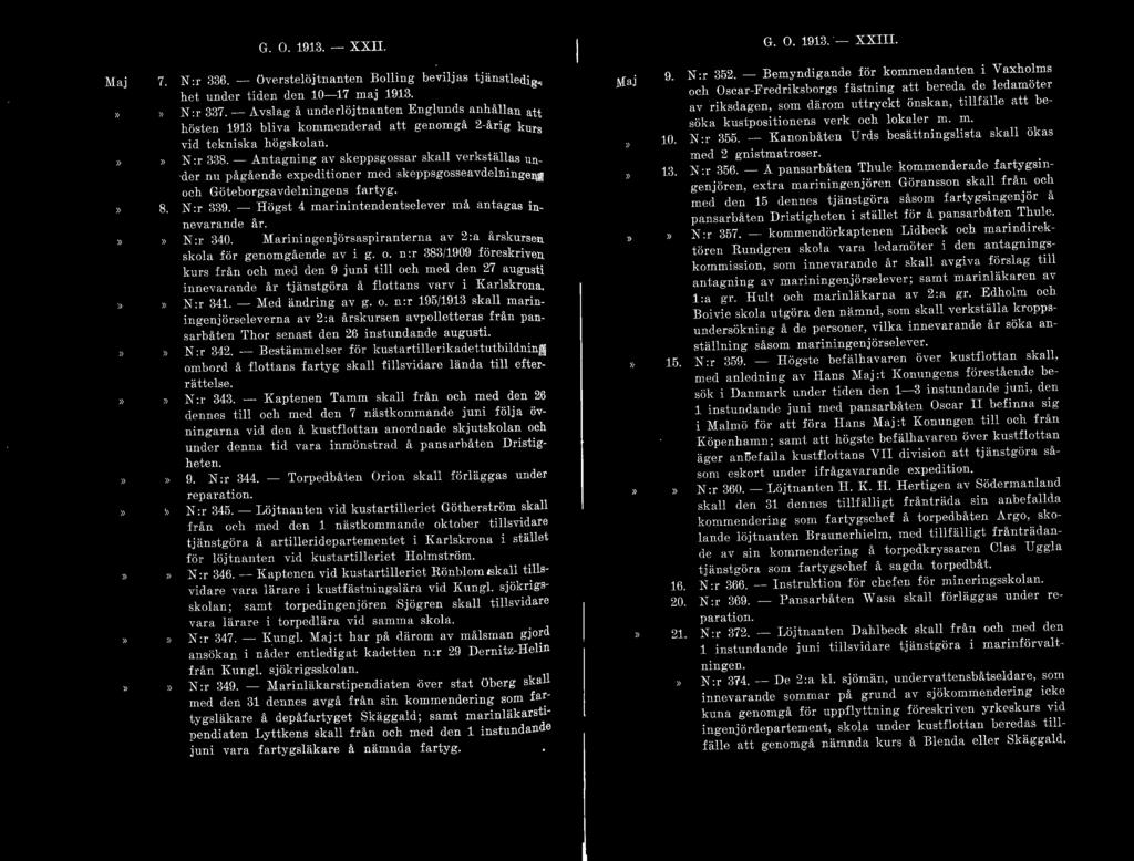 Maj :'> G. O. 1913. - XXII. 7. N :r 336. - överstelöjtnanten Bollin g beviljas tjänstledigh et under tiden den 10-17 maj 1913. N :r 337.