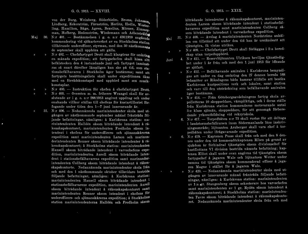 G. O. 1913. - XXVIII. G. O. 1913. - XXIX. Maj 30. )} 31. von der Bu r g, Wein berg, Söderhielm, lh oms, J ohnsso Lindberg, Eck0rström, Färnström, Herlitz, H edin, West n, ling,.