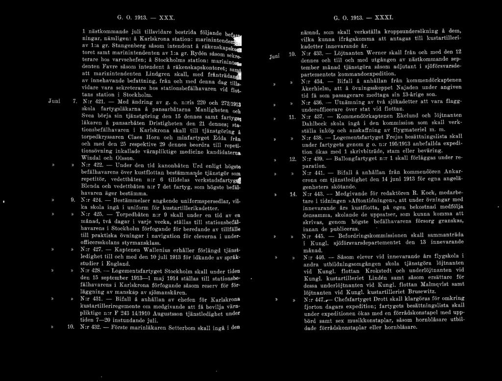 G. O. 1913. - XXX. G. O. 1913. - XXXI. Juni 1 å 1 r efatt 1 nästkommande juli ti llsvidare best rida följande b nmga r, nam 1gen: ' \. a r.l skr ona station: marinintenclen - a\ 1 :a g r.