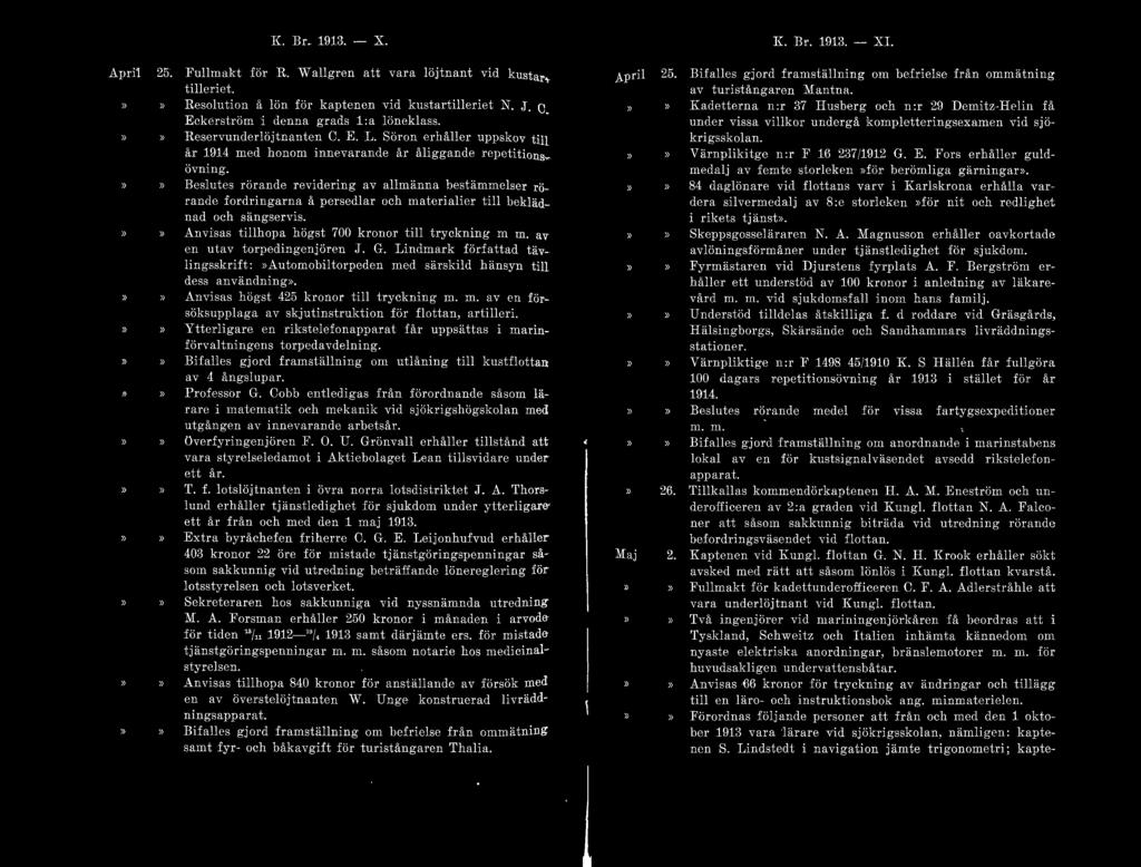 K. Br. 1913. - X. Apri1 25. Fullmakt för R. Wallgren att vara löjtnant vid kustartilleriet. >>» Resolut ion å lön fö r kaptenen vid kustartilleriet N. J. 0 Eckerström i denna gr ads l :a löneklass.