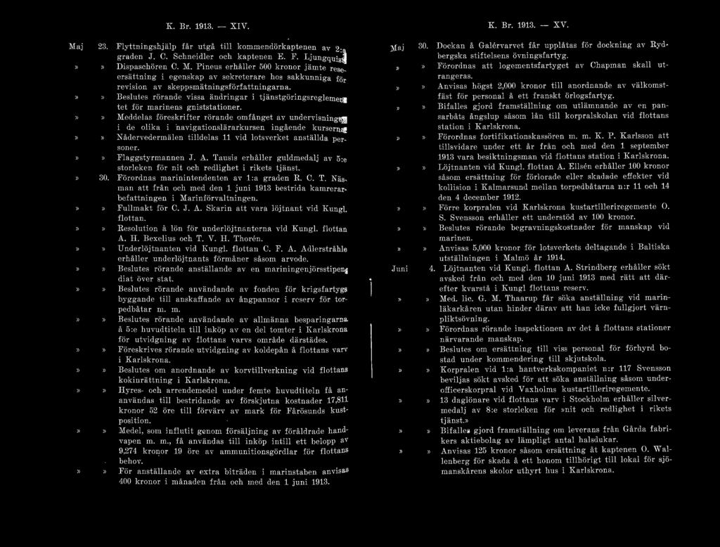 K. Br. 1913. - XIV. K. Br. 1913. - XV. Maj 23. Flyttningshjälp får utgå t ill kommendörkaptenen av 2:a gr aden J. C. Schncicllcr och k aptenen E. F. Lj ungquist '' Dispaschören C. M. Pincus erh åller 500 kronor jämte r ese~ ersättning i egenskap av sekreterare hos sakkunniga fö r r cyision av skcppsmätningsfödattningarna.