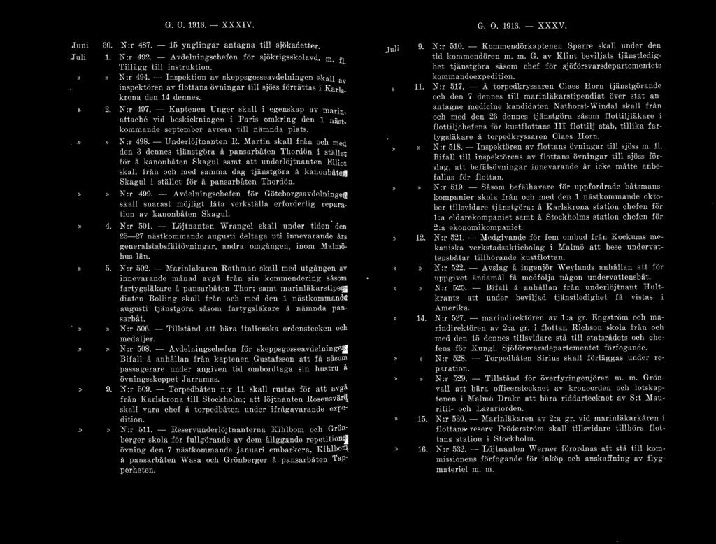G. O. 1913. - XXXIV. G. O. 1913. - XXXV. Juni Juli 30. 1. 2. N:r 487. - 15 ynglingar antagna till sjökadetter. N:r 492. - Avdelningschefen för sjökrigsskolavel 1 u. fl. Till ägg till instruktion.